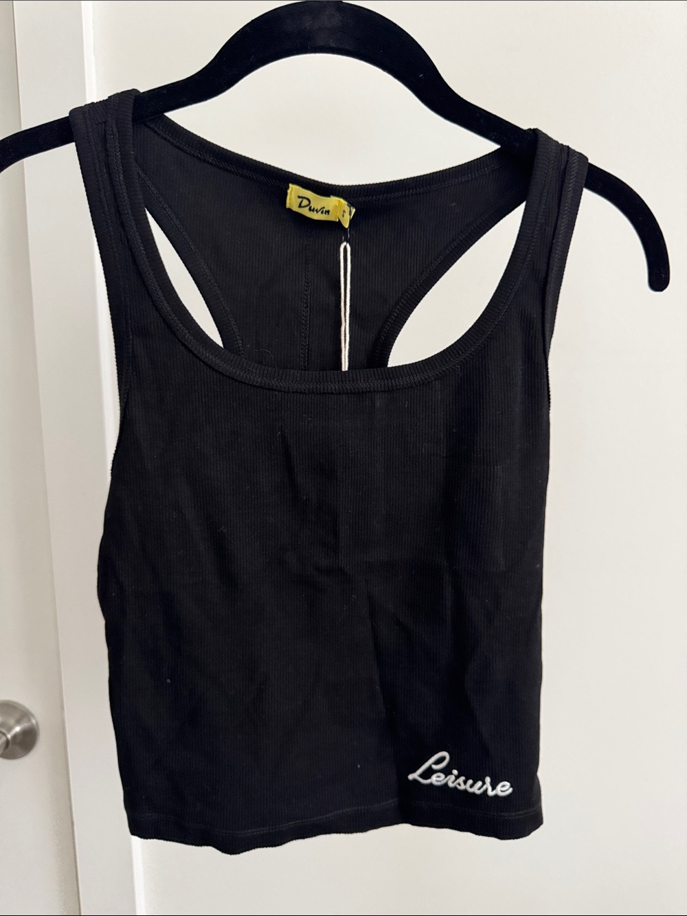 Leisure Embroidered Black Ribbed Racerback Tank Top